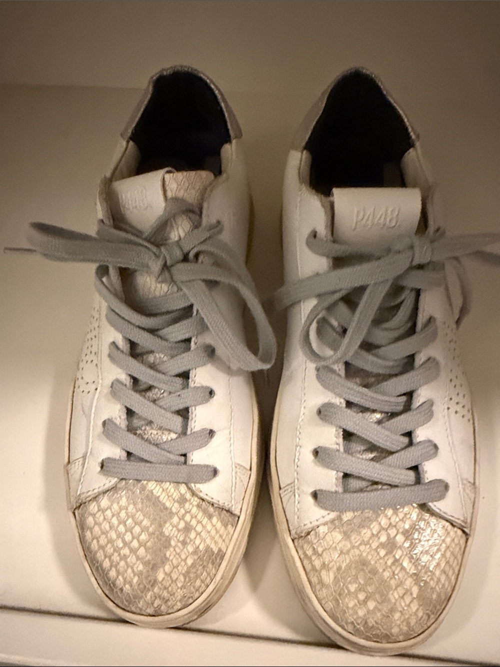 P448 Women’s White Sneakers with Light Gray Laces and Snake-Print Toe
